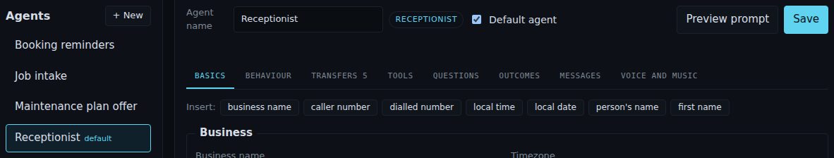 The AI agents tab: a list of agents on the left with Receptionist marked default, and the editor on the right with its tabs Basics, Behaviour, Transfers, Tools, Questions, Outcomes, Messages and Voice and music