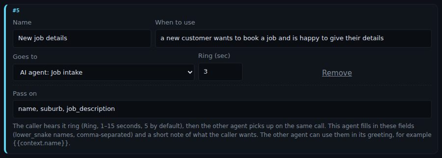 A transfer called New job details that goes to AI agent: Job intake, rings for 3 seconds, and passes on name, suburb and job_description