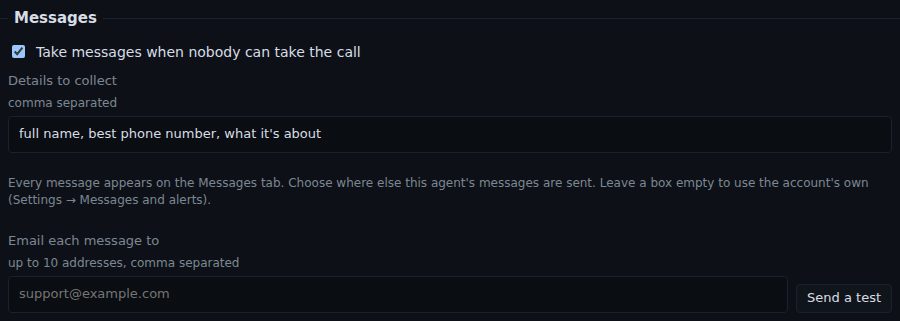 The Messages tab with Take messages ticked, details to collect set to full name, best phone number and what it's about, and an empty Email each message to box with Send a test