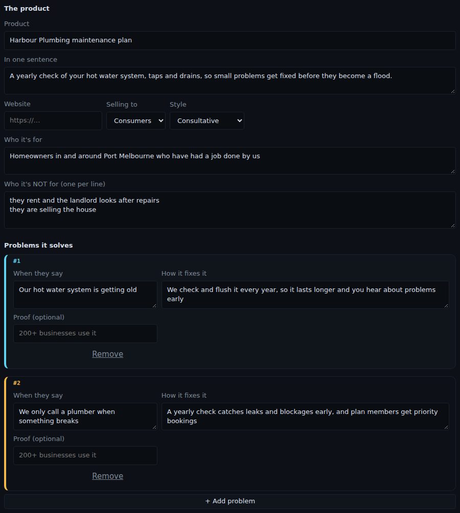 The Offer tab: the product is the Harbour Plumbing maintenance plan, with a one-sentence pitch, who it's for, who it's not for, and two problems it solves