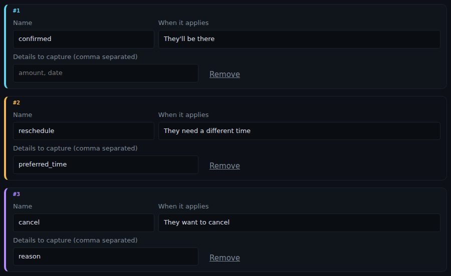 Three outcomes: confirmed (they'll be there), reschedule (they need a different time, capturing preferred_time) and cancel (they want to cancel, capturing reason)