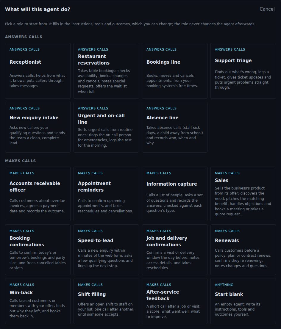 The 'What will this agent do?' screen with role cards in two groups, Answers calls and Makes calls, and Start blank