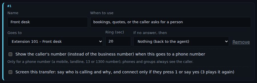 A transfer called Front desk, used for bookings, quotes, or when the caller asks for a person, going to Extension 101, ringing for 20 seconds, with nothing set for no answer
