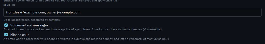 The By email part of Messages and alerts: Send to holds frontdesk@example.com and owner@example.com, and both Voicemail and messages and Missed calls are ticked