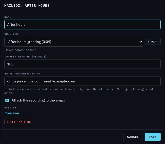 The Mailbox: After hours window, with the Email new messages to box and the Attach the recording to the email tick box