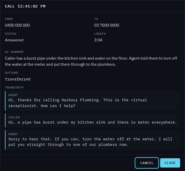 An open call showing From, To, Status and Length, an AI summary saying the caller had a burst pipe and was put through to the plumbers, the outcome transferred, and the transcript