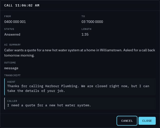 An open call where the AI agent took a message after hours: the summary asks for a quote for a new hot water system and a call back tomorrow morning, and the outcome is message