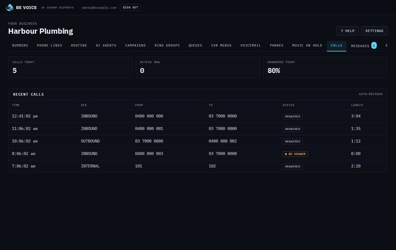 The Calls tab with tiles for Calls today, Active now and Answered today, above a Recent calls table listing time, direction, from, to, status and length