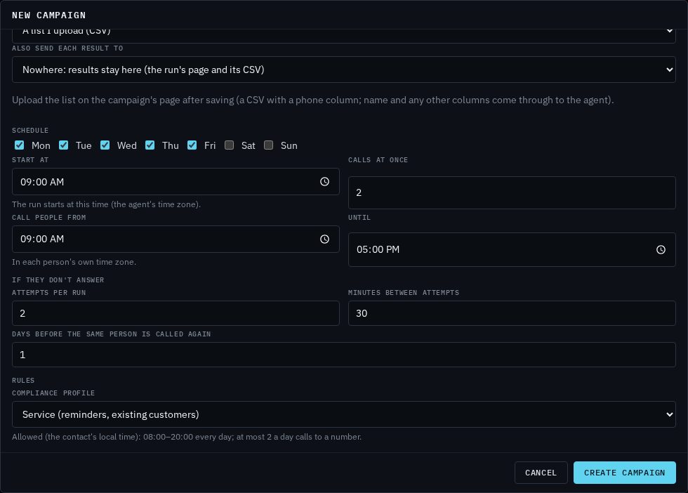 The lower half of the New campaign form: schedule, attempts per run, minutes between attempts, days before the same person is called again, and the compliance profile with its allowed hours