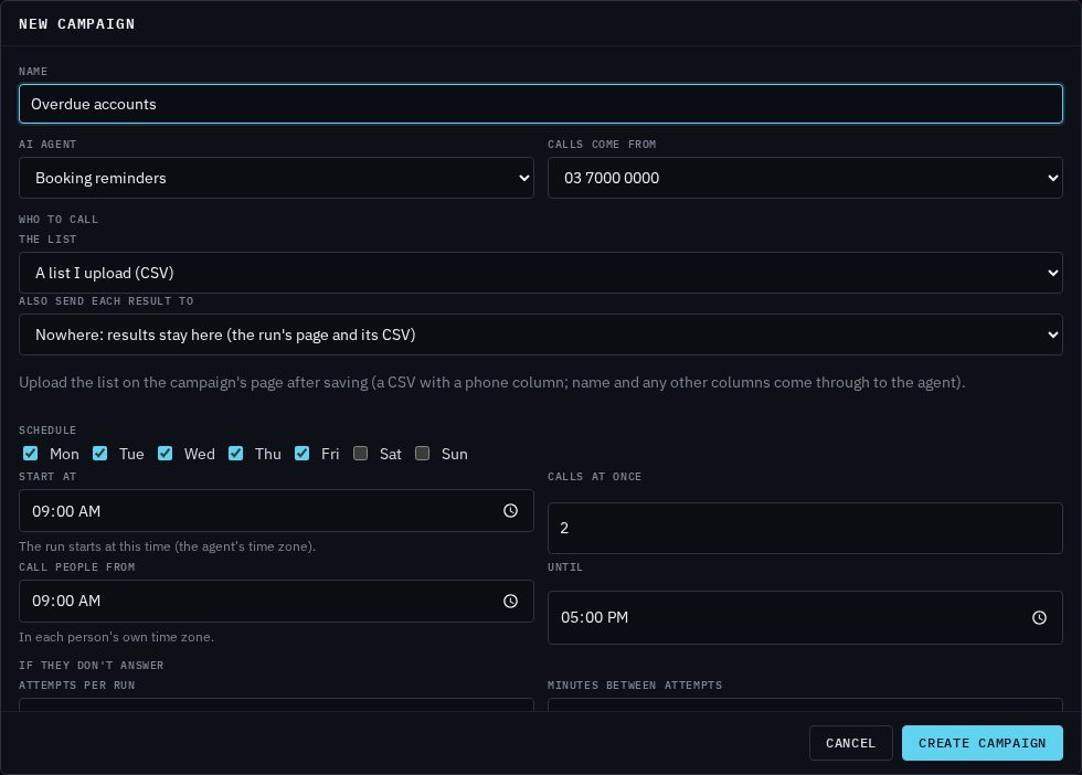 The New campaign form with Name, AI agent, Calls come from, Who to call and Schedule
