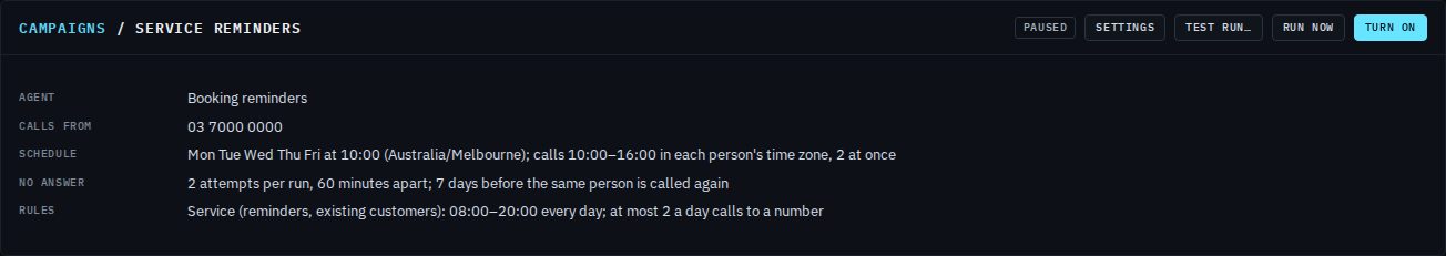 The Service reminders campaign page, showing the agent, the number calls come from, the schedule, retry settings and rules, with Settings, Test run, Run now and Turn on buttons