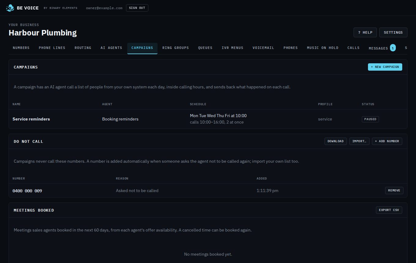 The Campaigns tab, listing the Service reminders campaign with its agent, schedule, profile and Paused status, and the Do not call list below it
