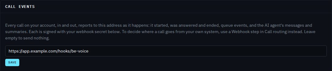 The Call events panel with the address https://app.example.com/hooks/be-voice and a Save button