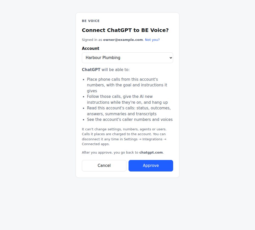 The Connect ChatGPT to BE Voice page with the account Harbour Plumbing, the list of what the app will be able to do, and Cancel and Approve buttons