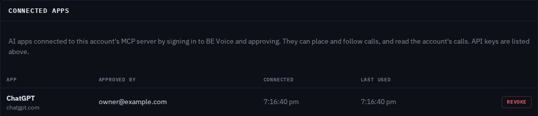 The Connected apps panel listing ChatGPT, approved by owner@example.com, with when it was connected and last used, and a Revoke button