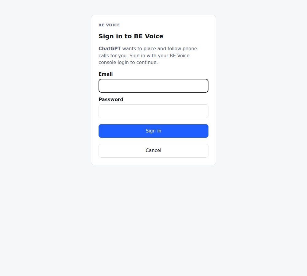 The Sign in to BE Voice page: ChatGPT wants to place and follow phone calls for you, with email and password fields