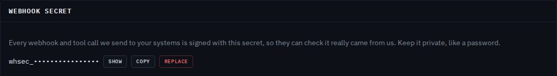 The Webhook secret panel with the secret hidden and Show, Copy and Replace buttons