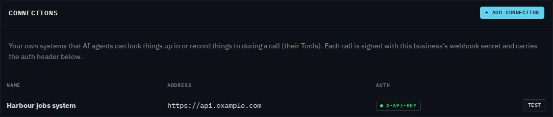 The Connections panel listing Harbour jobs system, https://api.example.com, auth X-API-KEY, with a Test button