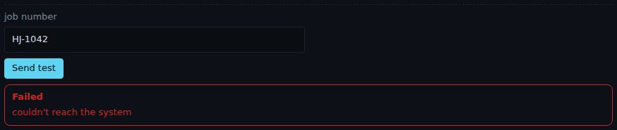 A tool test with job number HJ-1042 and the result Failed: couldn't reach the system