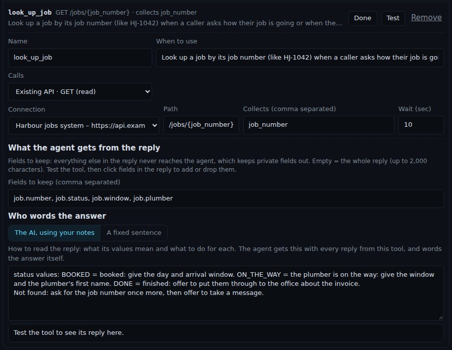 A tool named look_up_job: Calls Existing API GET, connection Harbour jobs system, path /jobs/{job_number}, collects job_number, wait 10 seconds, fields to keep job.number, job.status, job.window, job.plumber, and notes on the status values