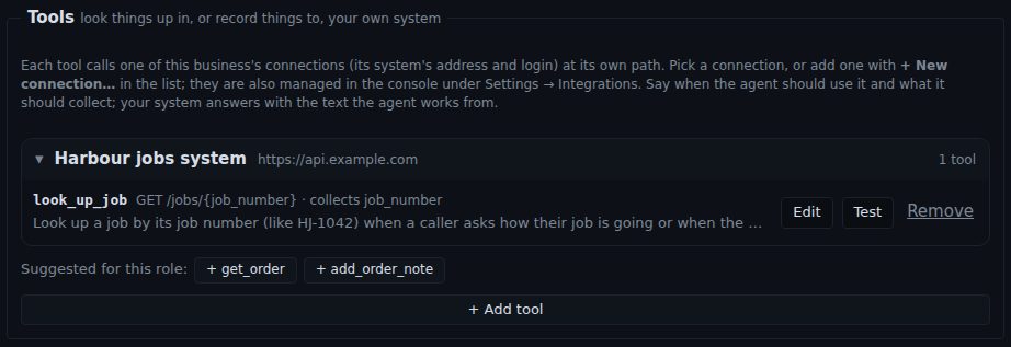 The Tools tab: a Harbour jobs system group with one tool, look_up_job, GET /jobs/{job_number}, collects job_number, with Edit, Test and Remove; suggested tools get_order and add_order_note; and + Add tool