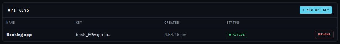 The API keys panel listing the Booking app key by its first characters, when it was created, Active status and a Revoke button