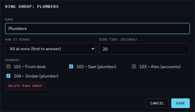 The Plumbers ring group: How it rings set to All at once (first to answer), Ring time 20 seconds, and members 102 Sam and 104 Jordan ticked