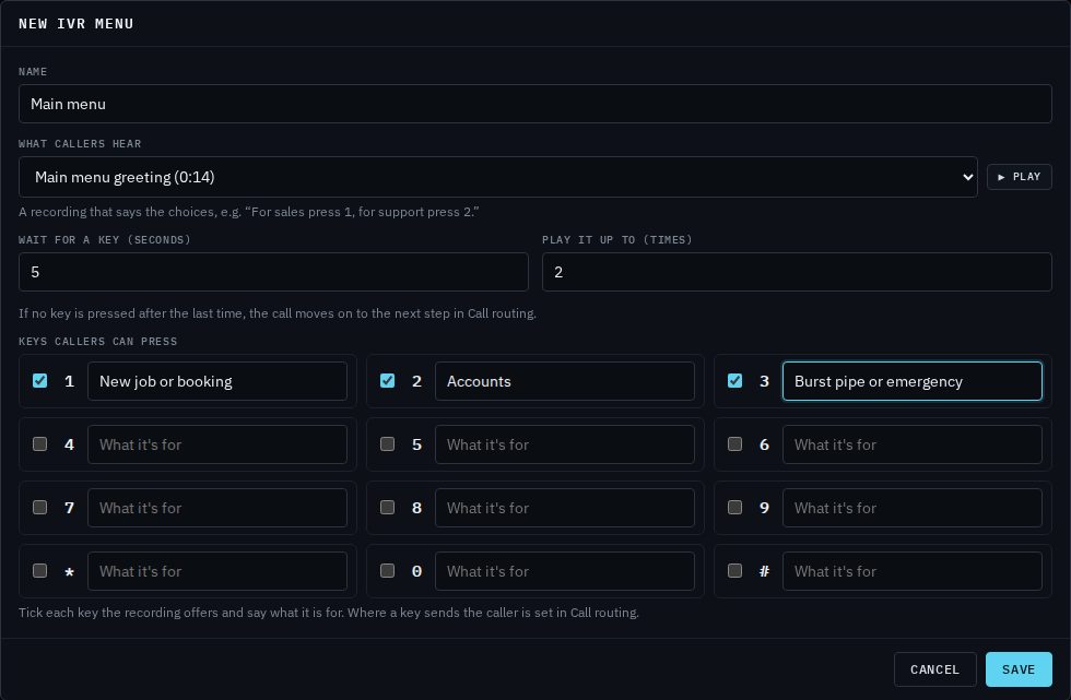 The New IVR menu box: Name Main menu, What callers hear set to Main menu greeting with a Play button, wait 5 seconds, play up to 2 times, and keys 1 New job or booking, 2 Accounts and 3 Burst pipe or emergency ticked on a keypad of 0 to 9, star and hash