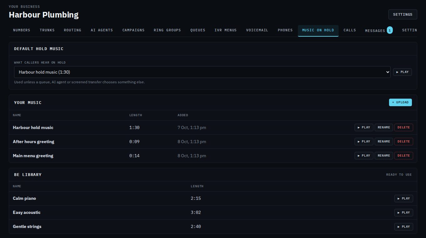 The Music on hold tab: Default hold music set to Harbour hold music, Your music listing Harbour hold music, After hours greeting and Main menu greeting with Play, Rename and Delete, and the BE library with Calm piano, Easy acoustic and Gentle strings