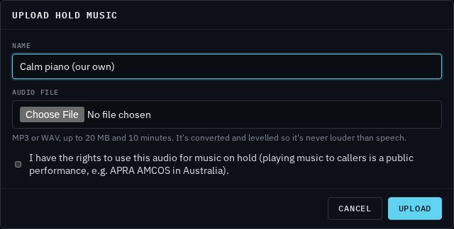 The Upload hold music box: Name, Audio file with a Choose File button and the note MP3 or WAV, up to 20 MB and 10 minutes, and the tick box confirming the rights to use the audio for music on hold