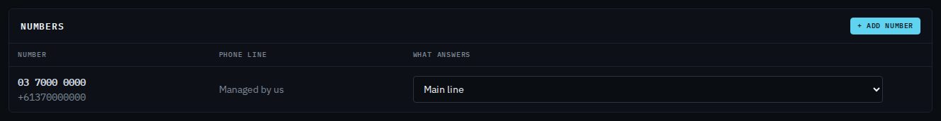 The Numbers list showing 03 7000 0000 (+61370000000), its line, and Main line chosen under What answers