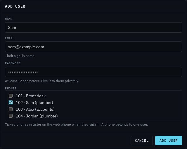 The Add user box with Name Sam, Email sam@example.com, a password, and phone 102 ticked