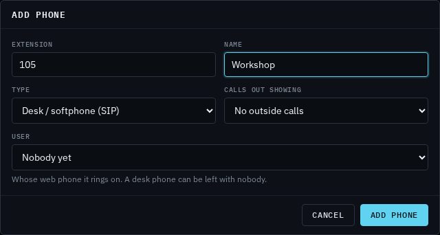 The Add phone box with Extension 105, Name Workshop, Type Desk / softphone (SIP), Calls out showing No outside calls, User Nobody yet, and an Add phone button