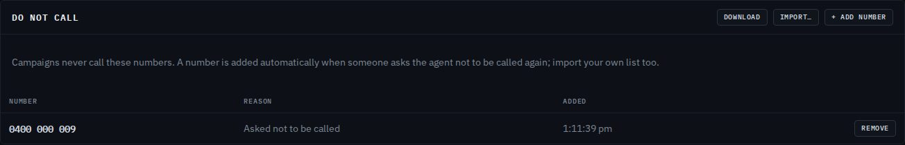 The Do not call box with Download, Import and Add number buttons, listing 0400 000 009 with the reason Asked not to be called and a Remove button