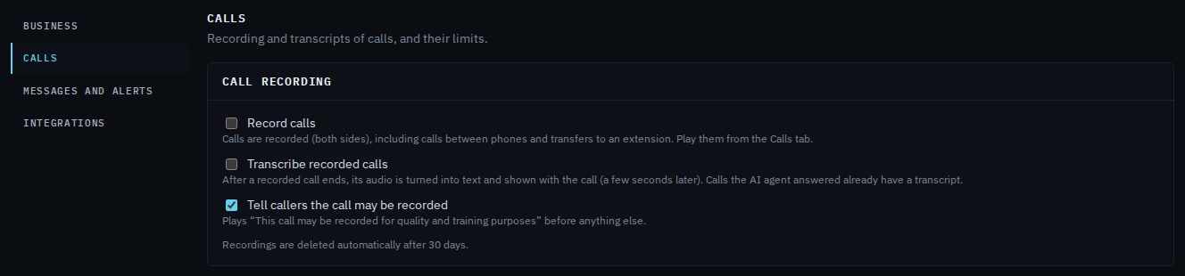 The Settings page with the menu on the left (Business, Calls, Messages and alerts, Integrations) and the Calls section open, showing the Record calls, Transcribe recorded calls and Tell callers the call may be recorded boxes