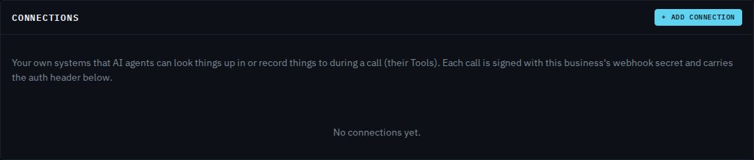 The Connections panel on the Integrations page, with a + Add connection button and the text No connections yet