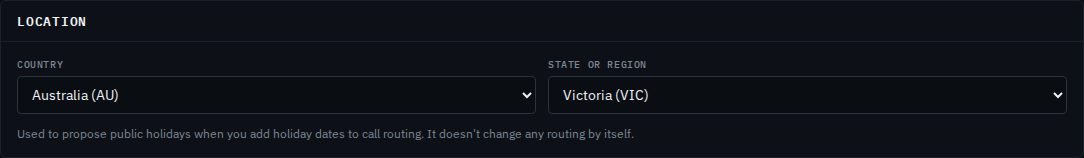 The Location panel with Country set to Australia (AU) and State or region set to Victoria (VIC)