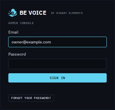 The BE Voice sign-in page with Email and Password boxes, a Sign in button and a Forgot your password? button