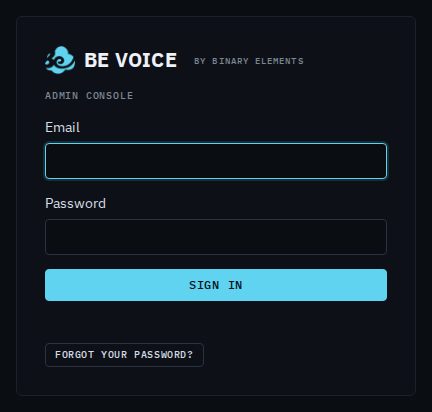 The BE Voice sign-in page with Email and Password boxes, a Sign in button and a Forgot your password? button