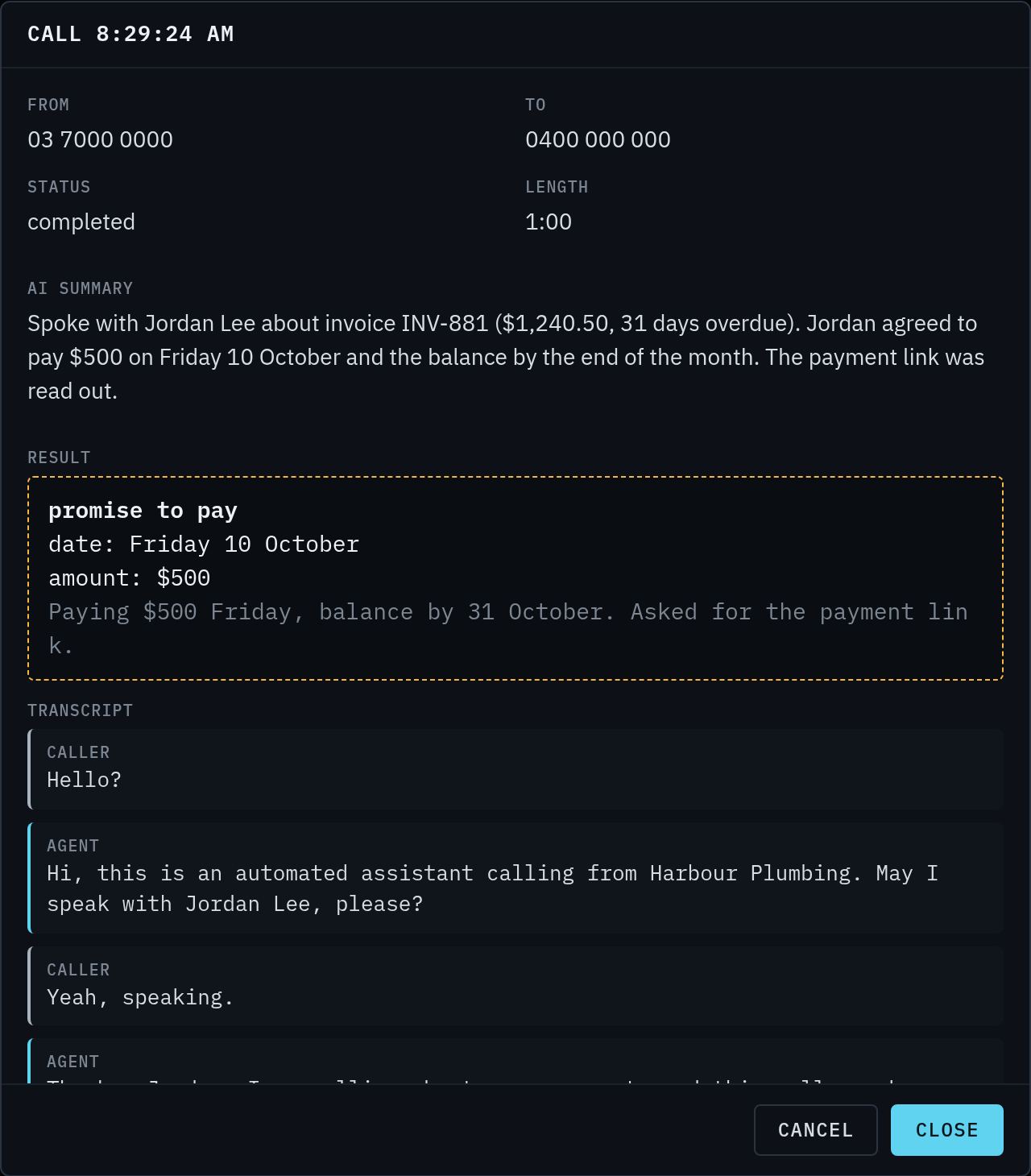 One call's summary, result and transcript