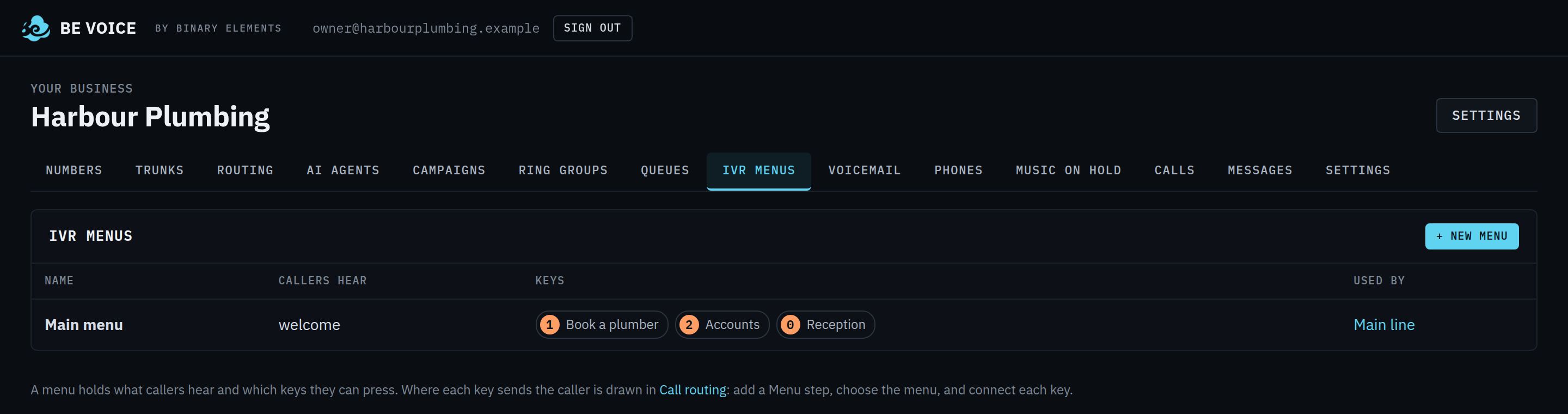 A phone menu with keys for booking a plumber, accounts and reception